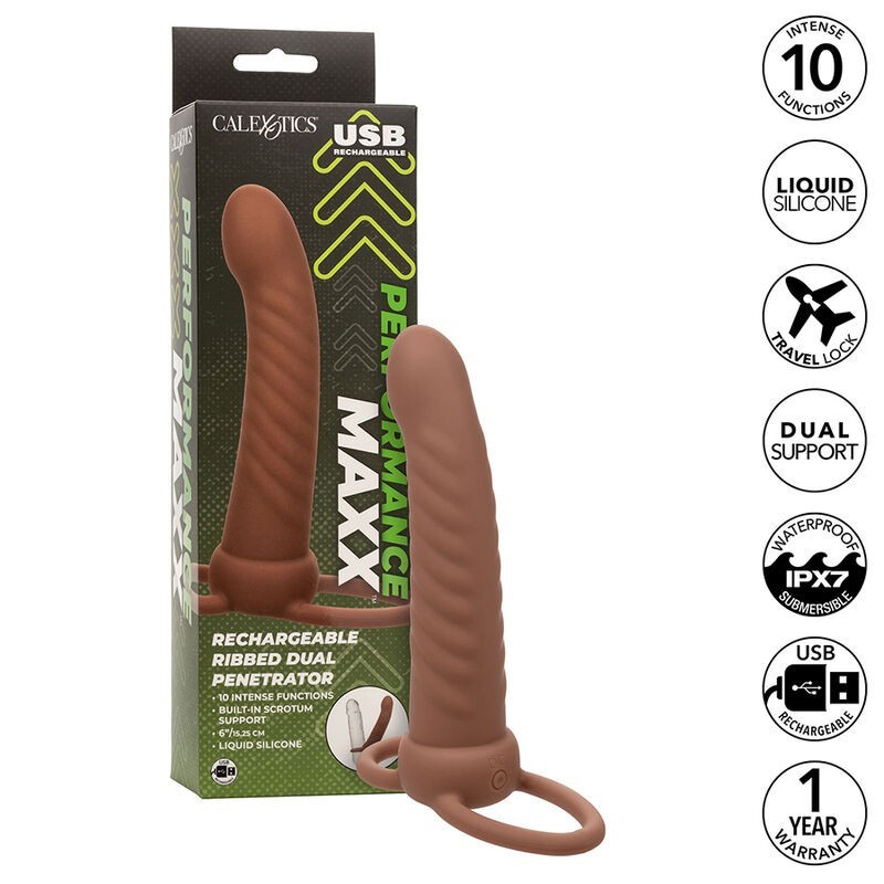 CALEXOTICS - MAXX RIBBED DUAL PENETRATOR 10 VIBRAZIONI MARRONE - CALEXOTICS - Guaine e Prolunghe | erosidea.com