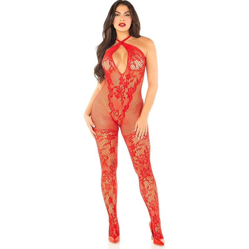 LEG AVENUE - BODYSTOCKING A MAGLIA CON STAMPA A FIORI ROSSO TAGLIA UNICA - LEG AVENUE BODYSTOCKINGS - Donna Bodystocking e Catsuit | erosidea.com